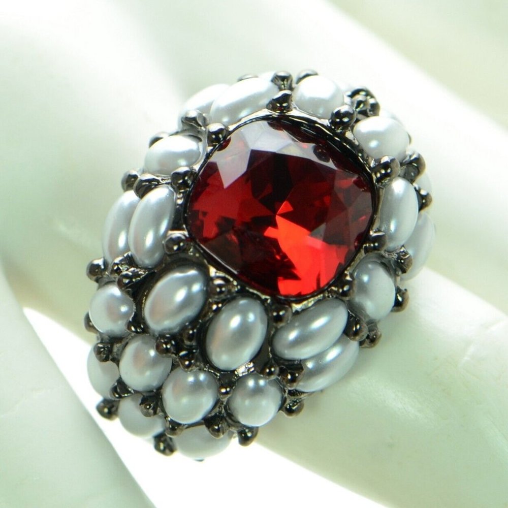 Kenneth Jay Lane KJL Crystal & Simulated Pearl Cabochon Dome Ring